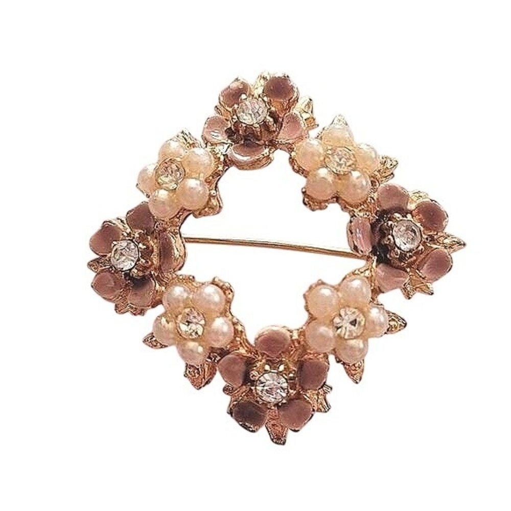 Vintage Gold‎ Tone Floral Wreath Brooch Pink Enamel Faux Pearl Rhinestone Pin